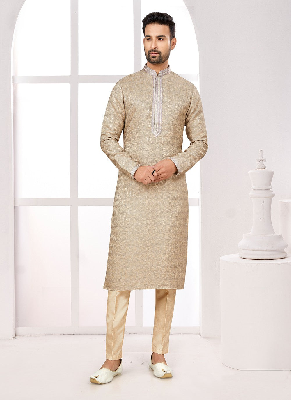 Fancy Work Jacquard Beige Kurta Pyjama - M6685