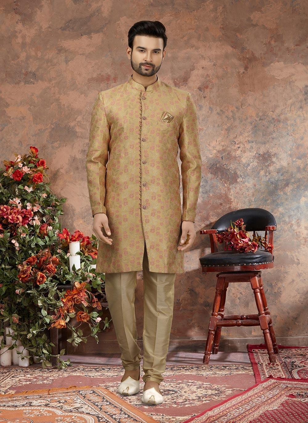 Embroidered Jacquard Beige Sherwani - M2915