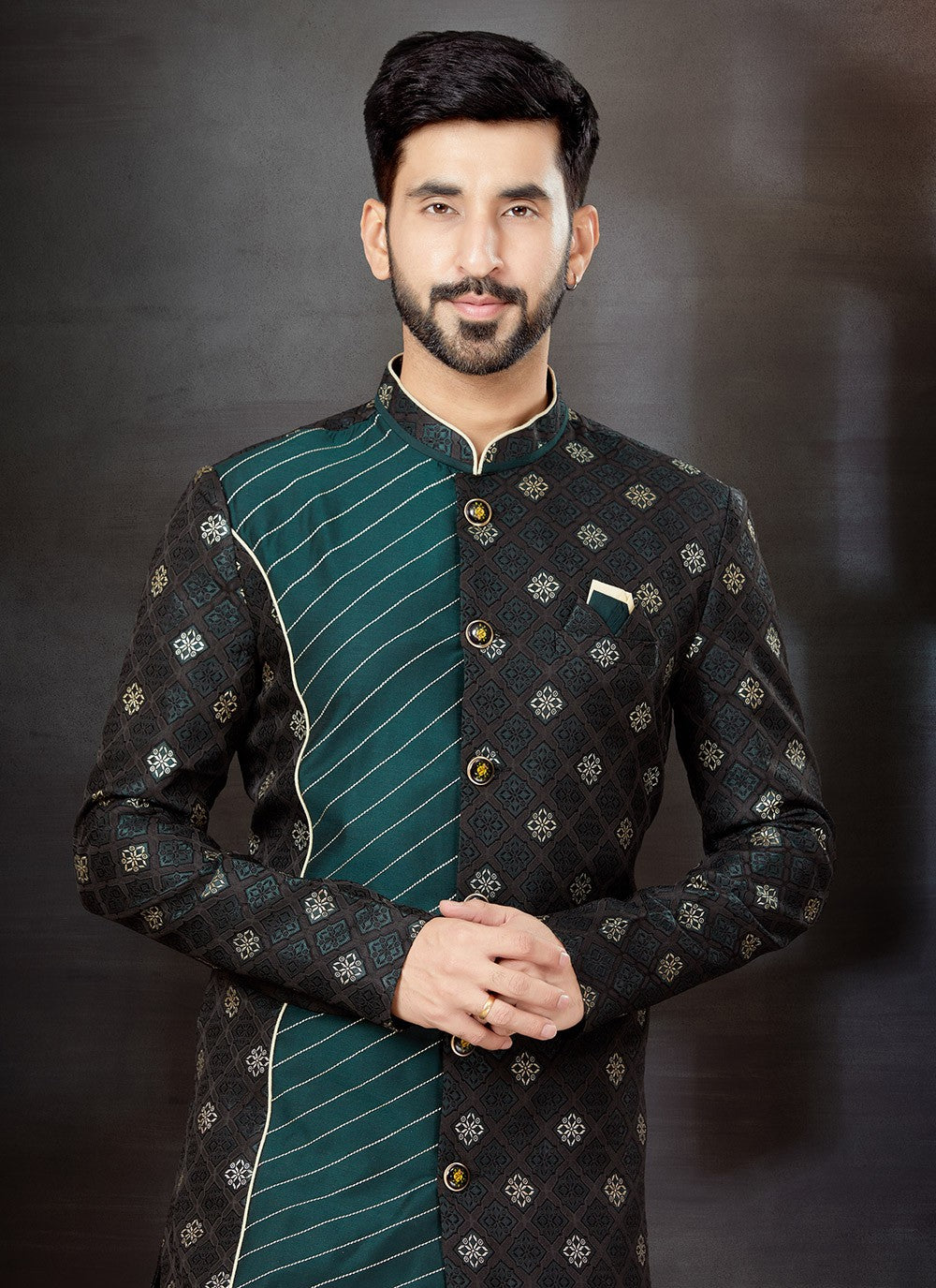 Embroidered Jacquard Black, Green Indo Western Sherwani - M4803