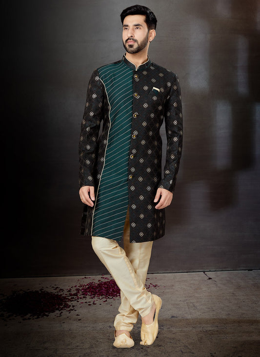 Embroidered Jacquard Black, Green Indo Western Sherwani - M4803