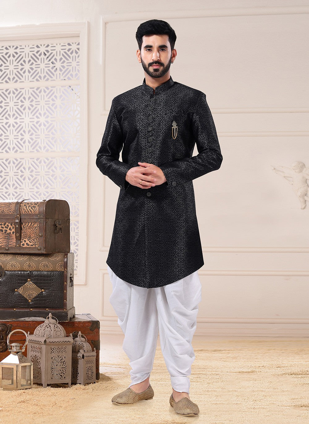 Embroidered Jacquard Black Indo Western Sherwani - M4670