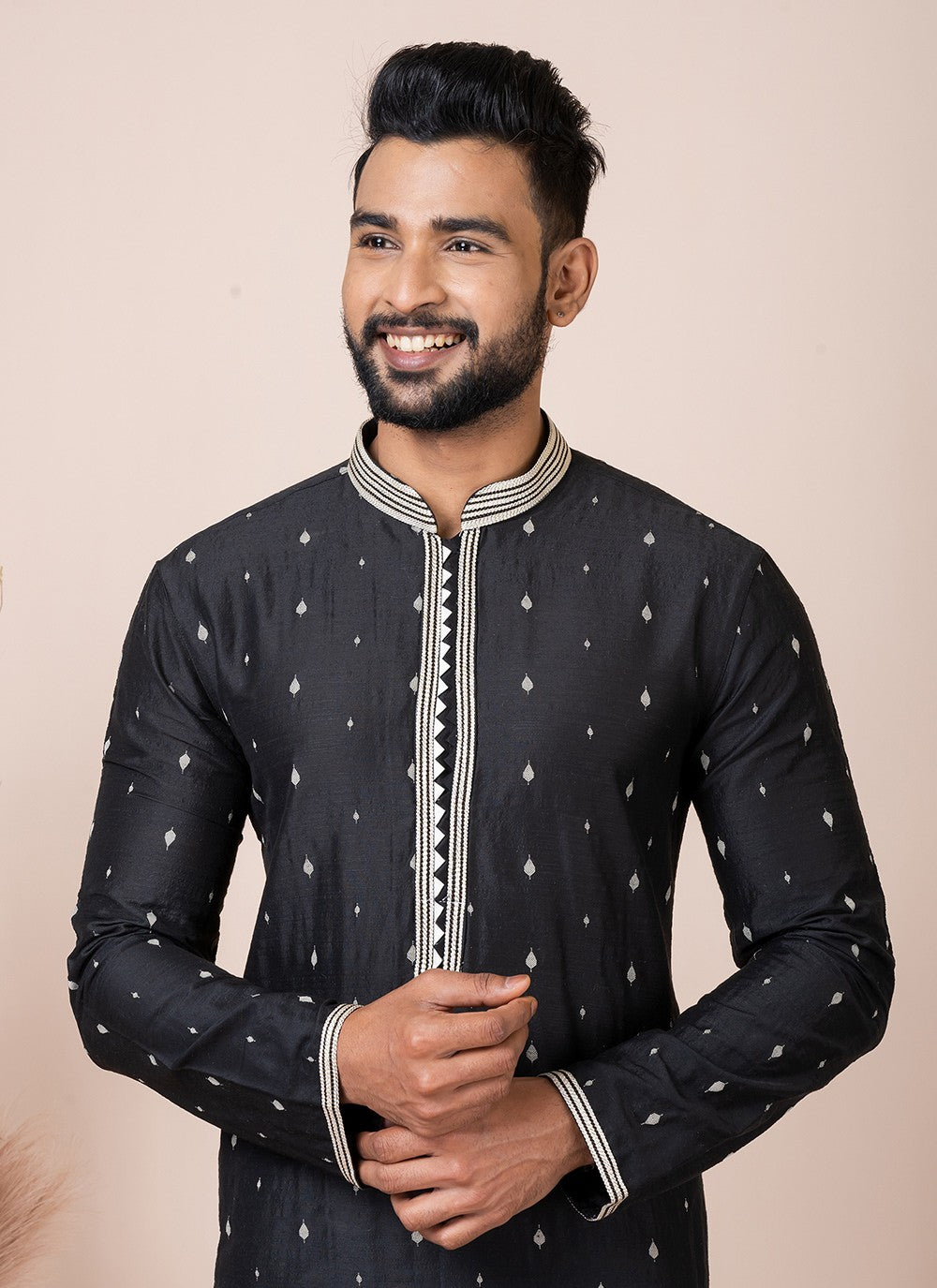 Printed Jacquard Black Kurta Pyjama - M8550