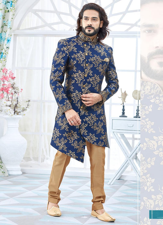 Embroidered Jacquard Blue Indo Western - M2107