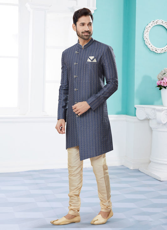 Thread Jacquard Blue Indo Western Sherwani - M3925