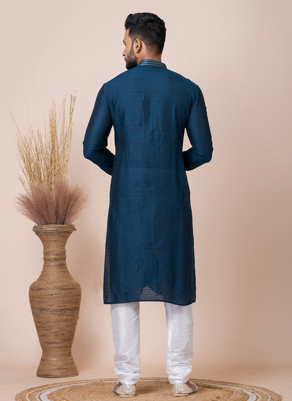 Printed Jacquard Blue Kurta Pyjama - M8547