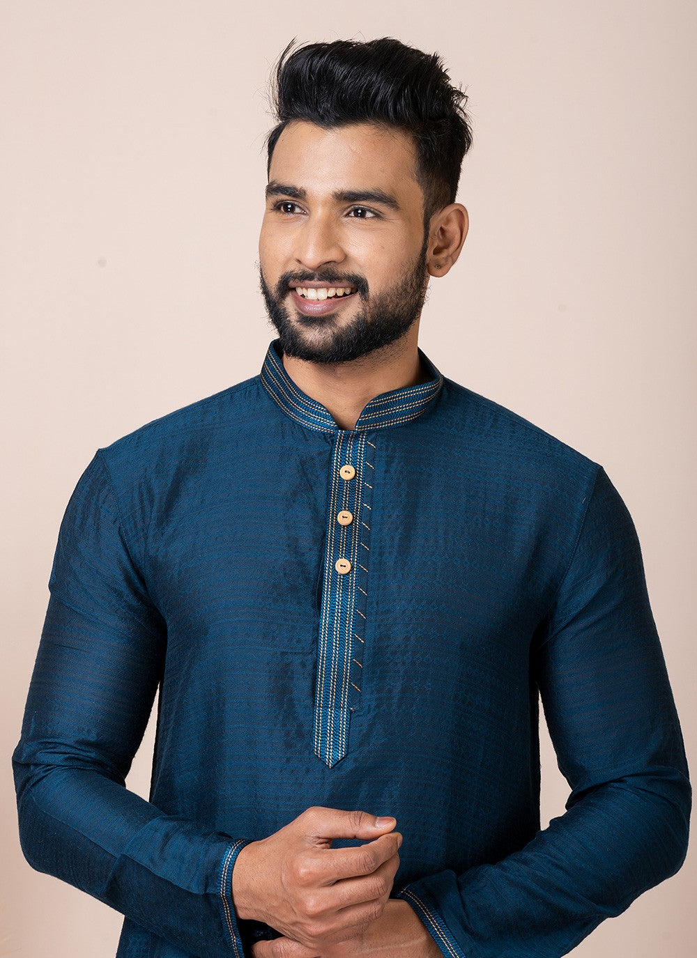 Printed Jacquard Blue Kurta Pyjama - M8547