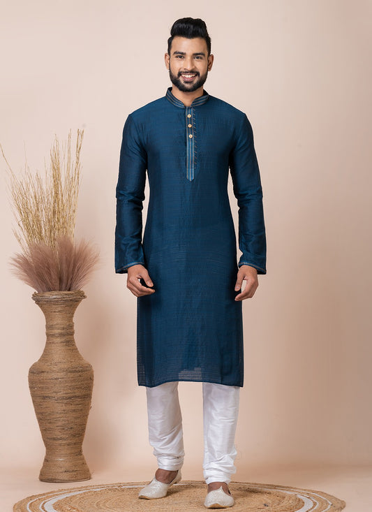 Printed Jacquard Blue Kurta Pyjama - M8547