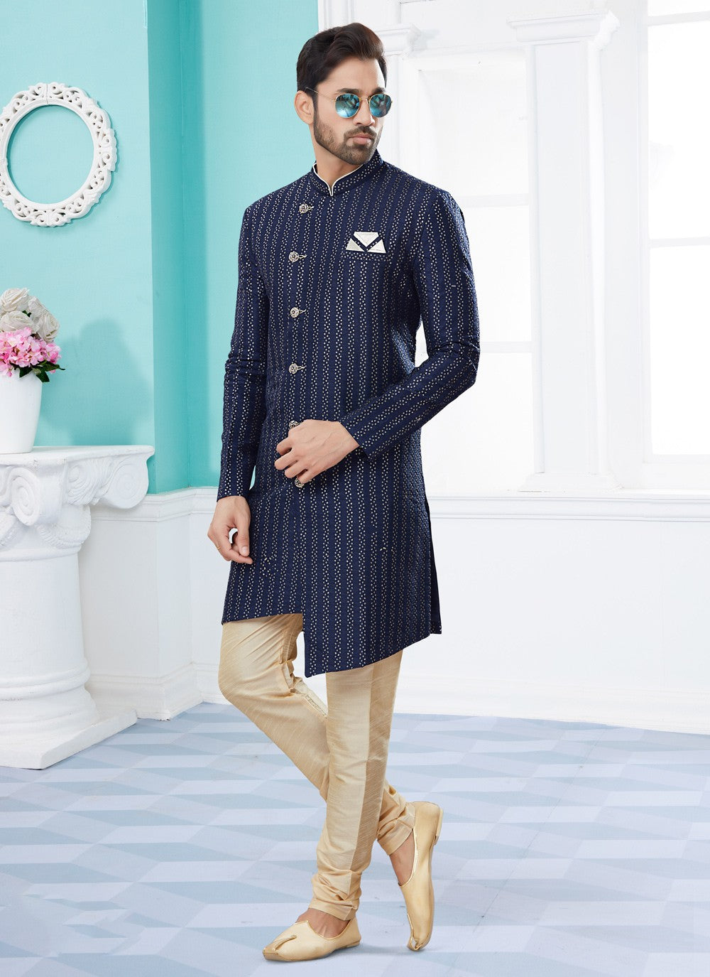 Thread Jacquard Blue Indo Western Sherwani - M3928