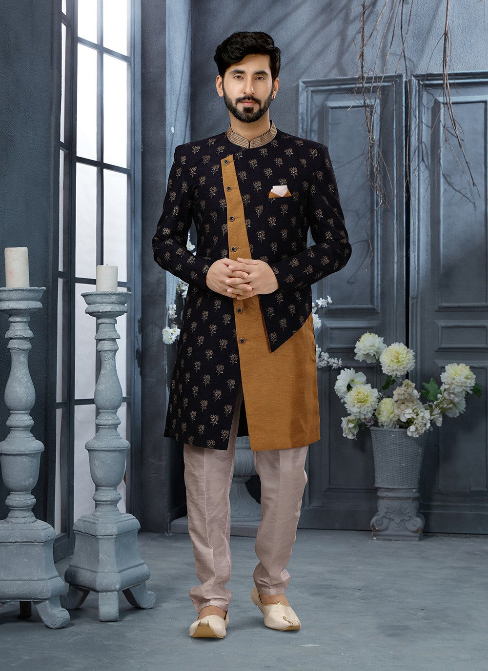 Digital Print Jacquard Brown, Navy Blue Indo Western Sherwani - M2893