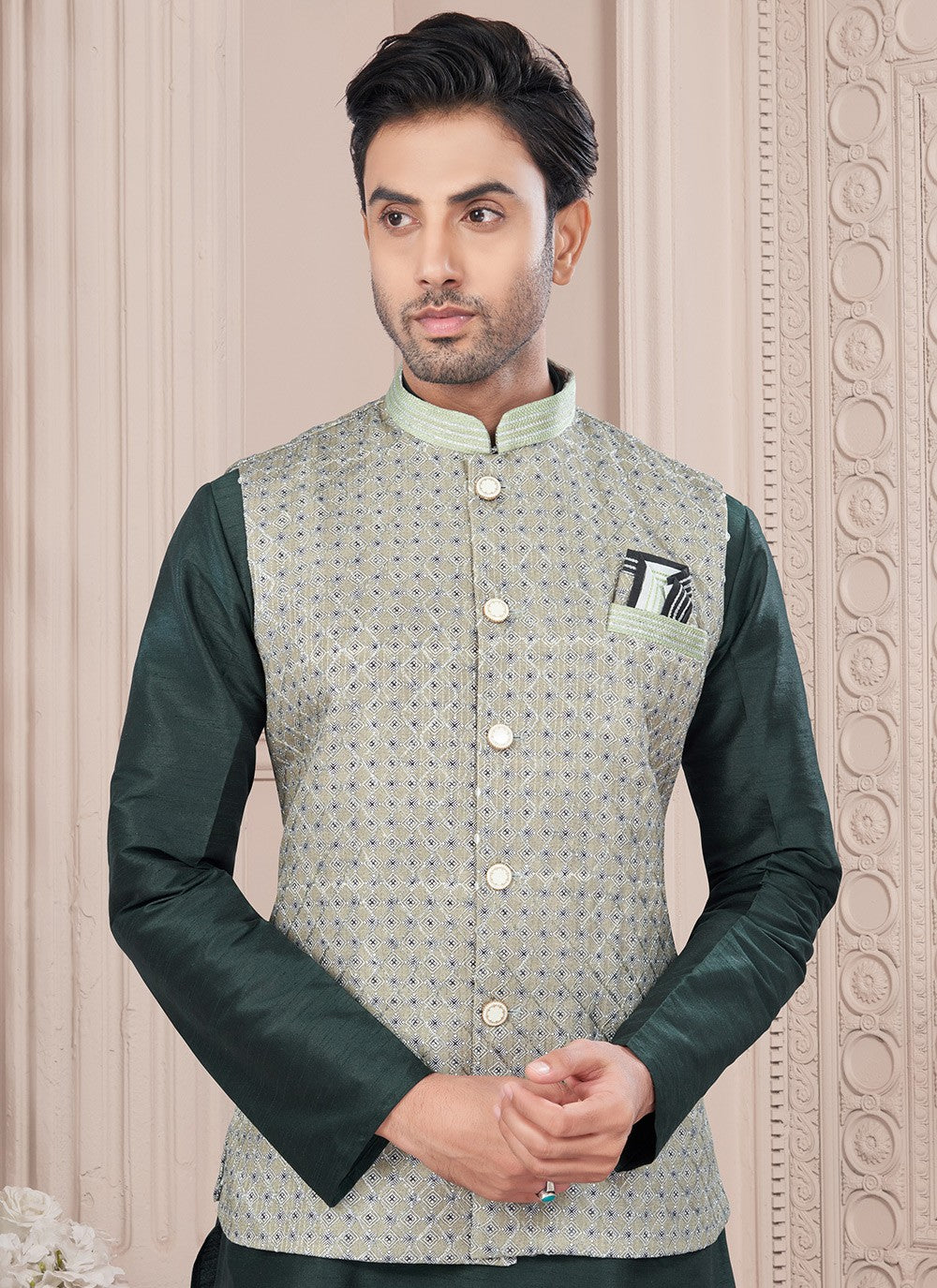 Buttons Dupion Silk, Jacquard Green Kurta Payjama With Jacket - M8676