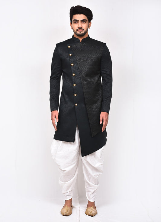 Buttons Jacquard Black Indo Western Sherwani - M3278