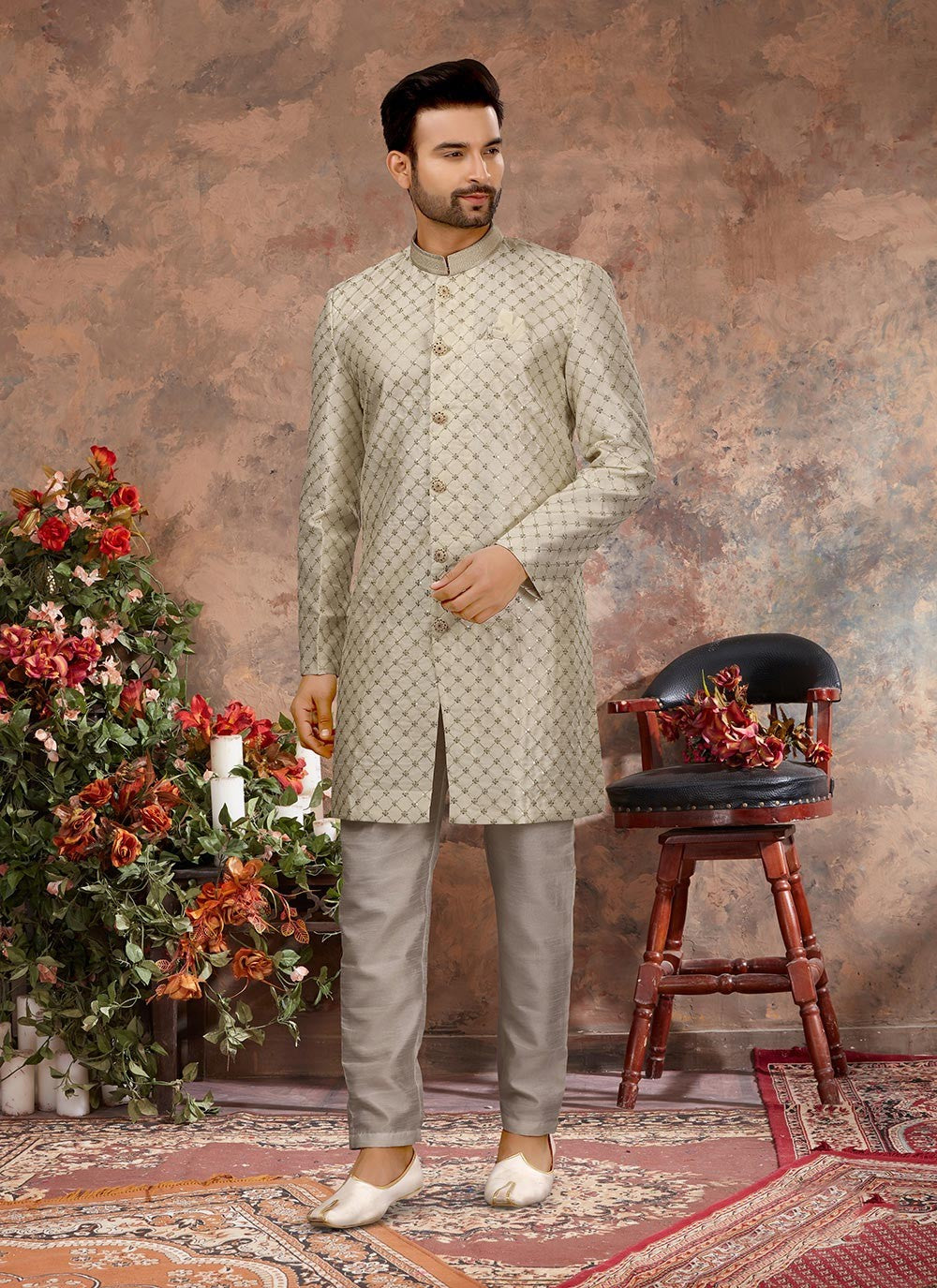 Machine Embroidery Jacquard Cream Indo Western Sherwani - M2892