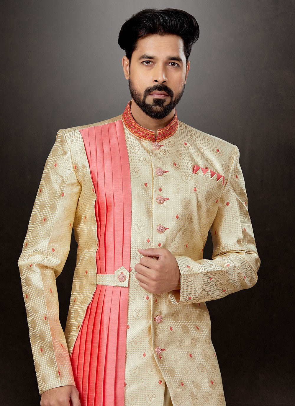 Embroidered Jacquard Cream Indo Western Sherwani - M4791