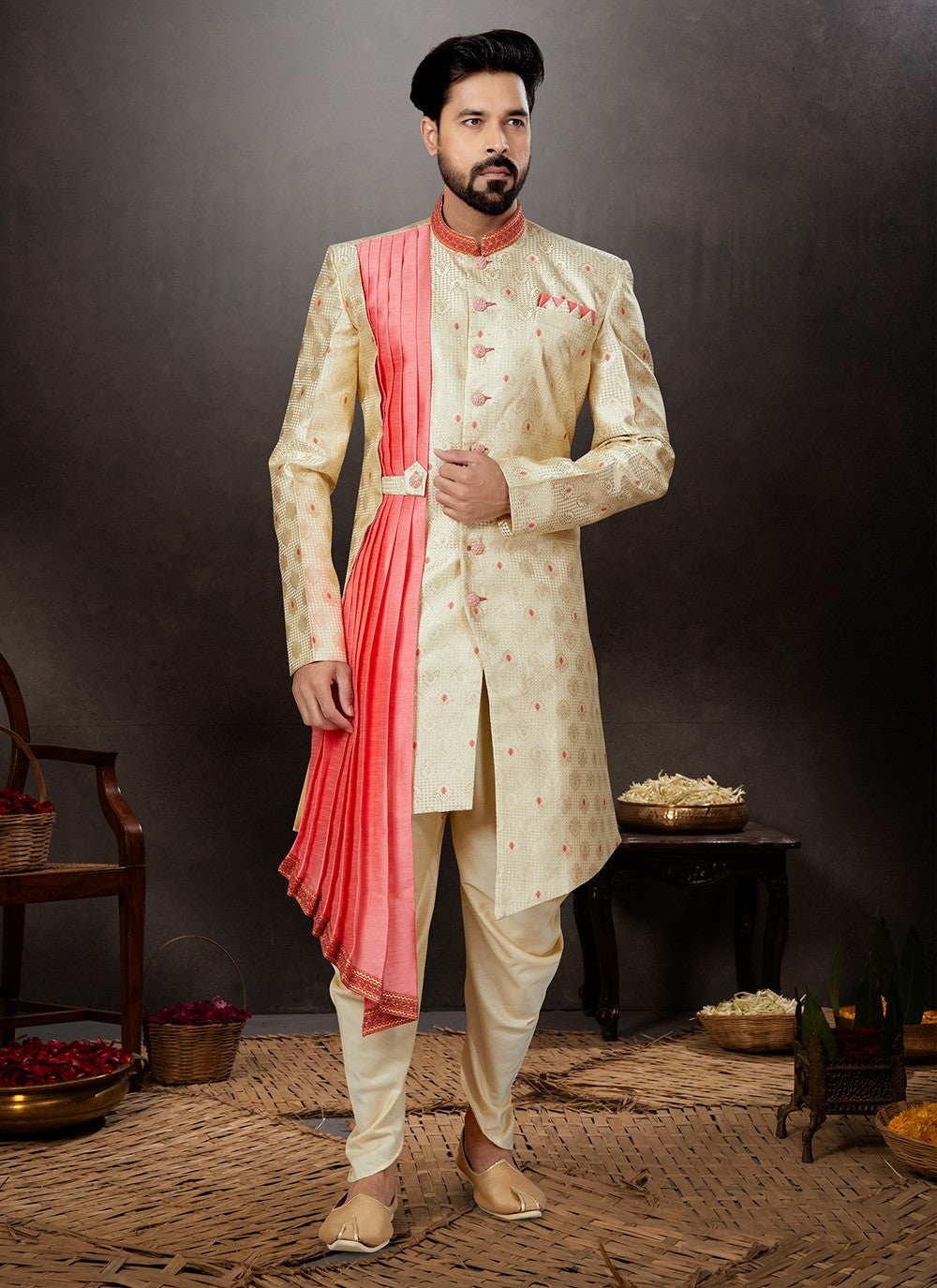 Embroidered Jacquard Cream Indo Western Sherwani - M4791