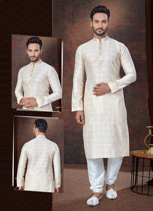 Machine Embroidery Jacquard Cream Kurta Pyjama - M7592