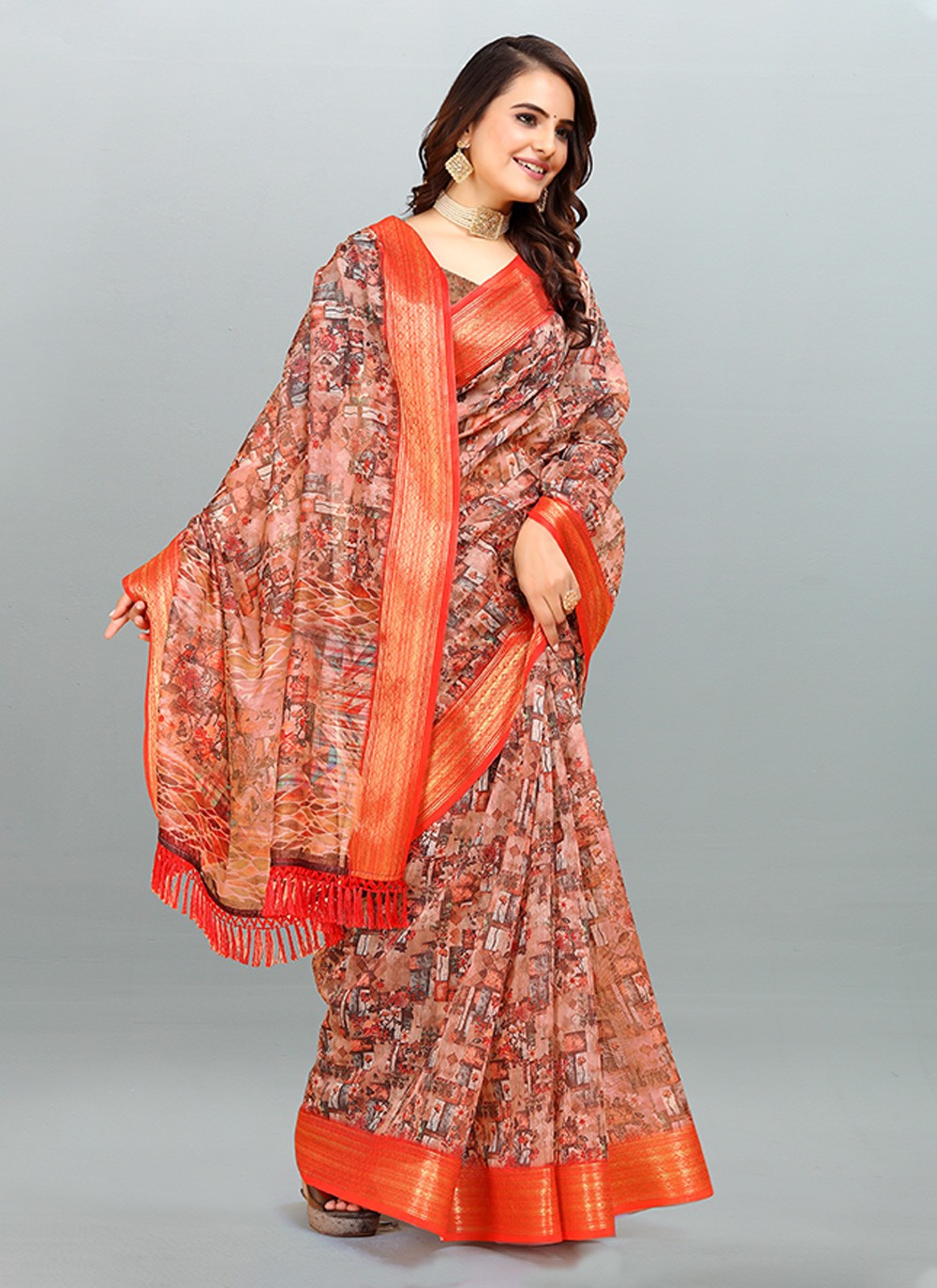 Saree Digital Print Cotton , Jacquard Saree - S3182