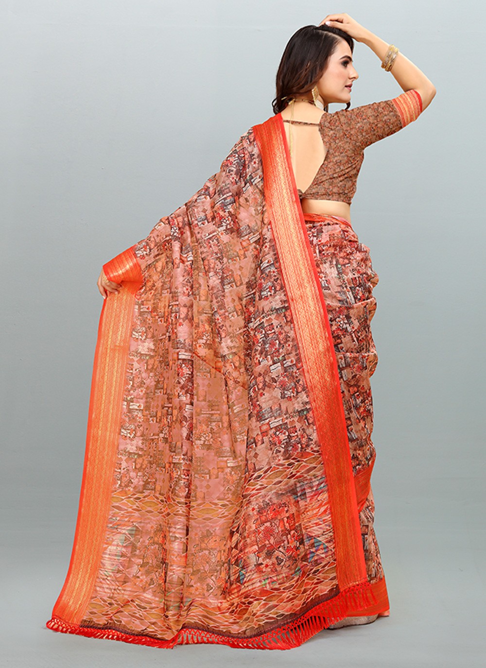 Saree Digital Print Cotton , Jacquard Saree - S3182