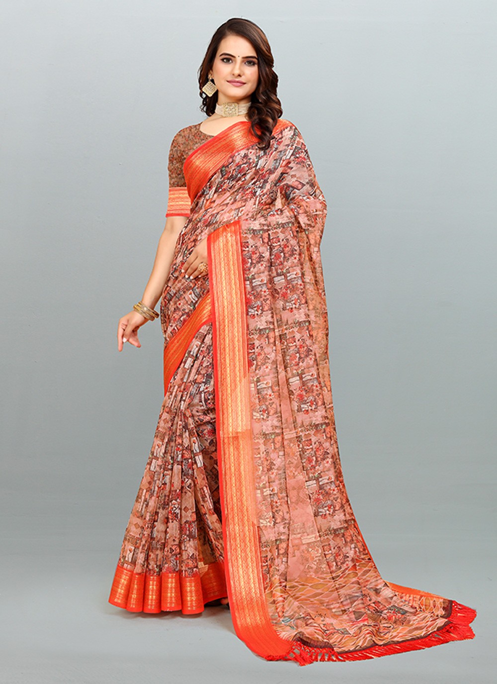 Saree Digital Print Cotton , Jacquard Saree - S3182