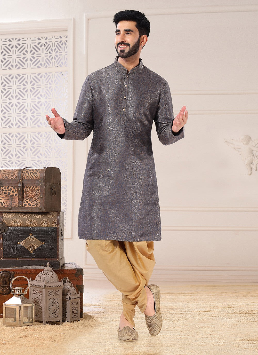 Embroidered Jacquard Grey Dhoti Kurta - M4689