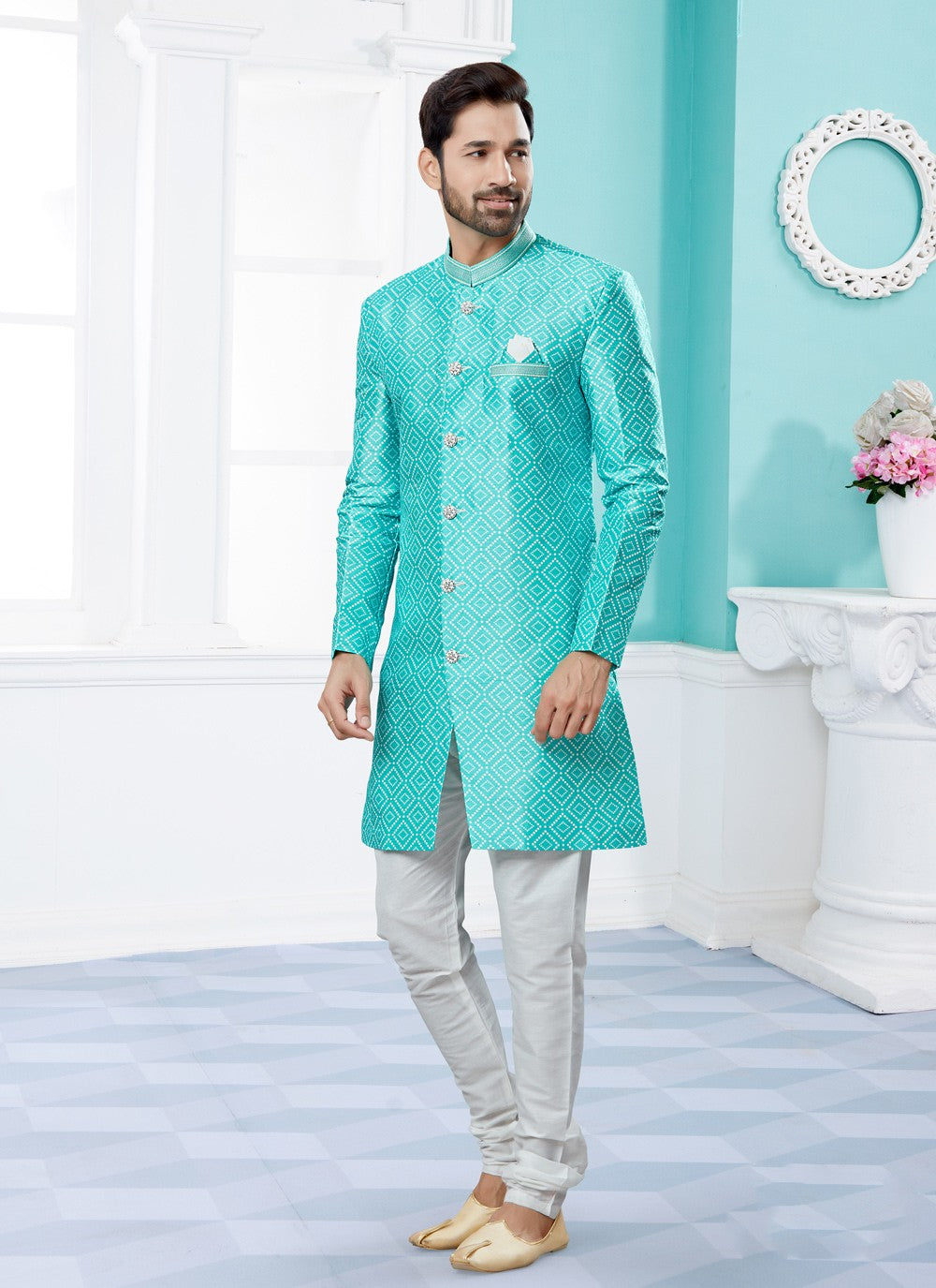 Digital Print Jacquard Firozi Indo Western Sherwani - M3909