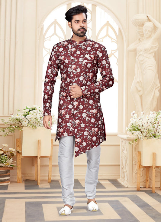 Digital Print Jacquard Maroon Indo Western - M2927