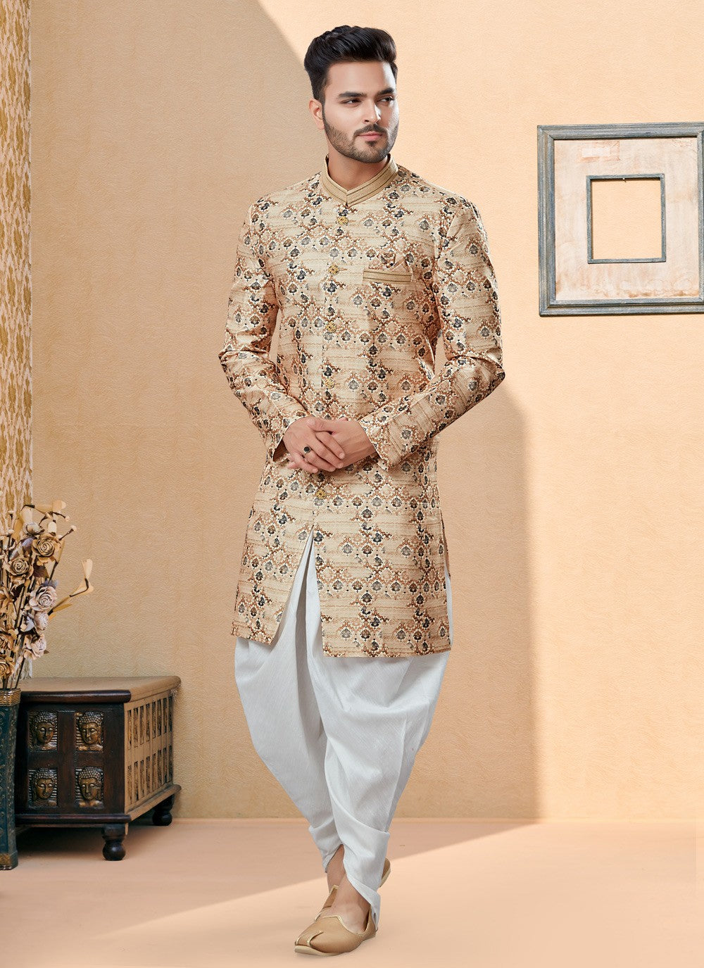 Digital Print Jacquard Beige Indo Western Sherwani - M3882