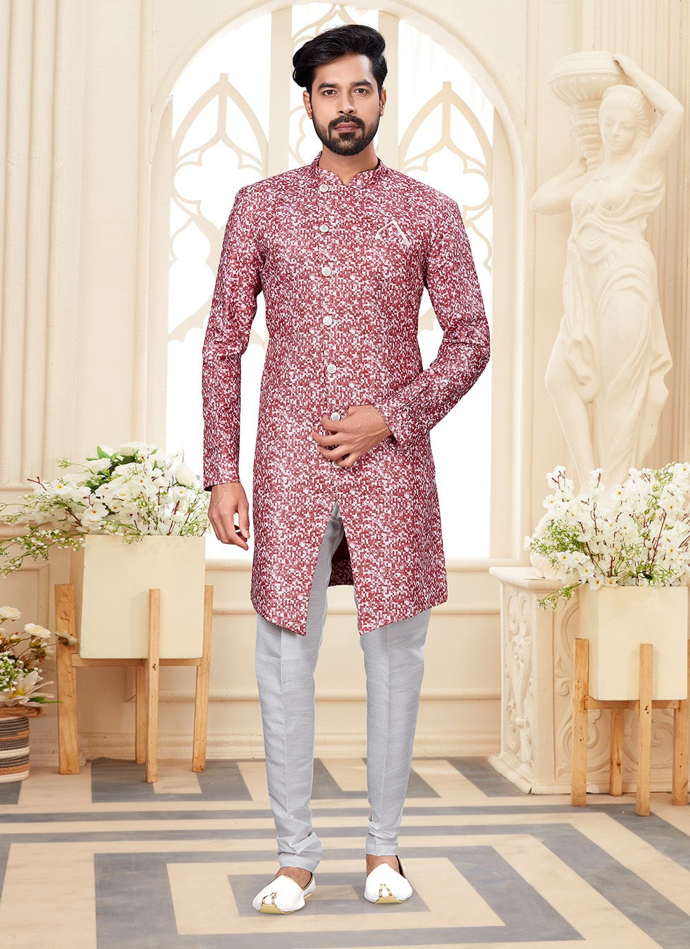 Digital Print Jacquard Red, White Indo Western - M2932