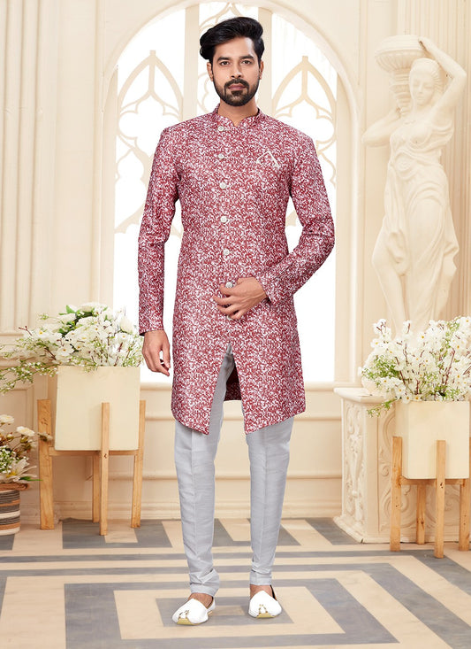 Digital Print Jacquard Red, White Indo Western - M2932