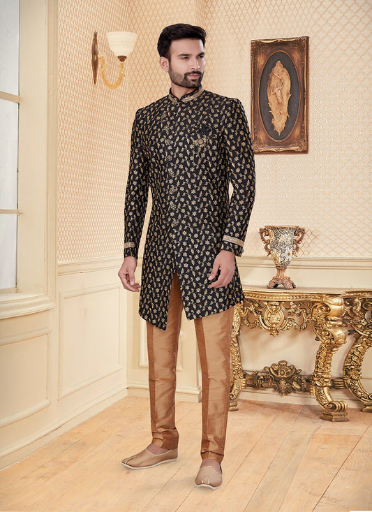 Embroidered Jacquard Black Indo Western - M2959