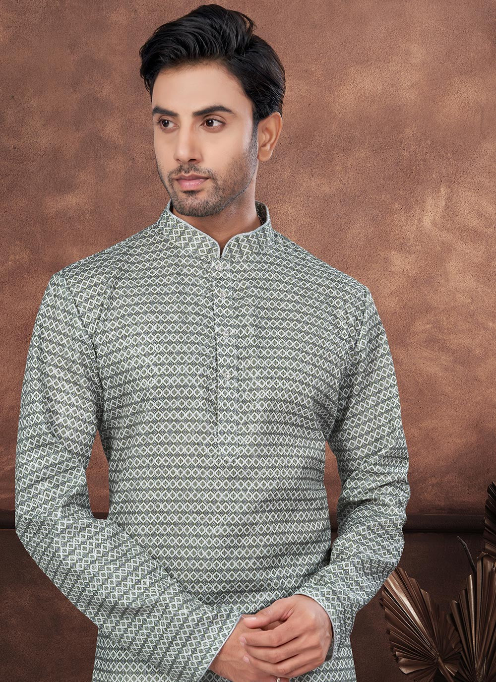 Digital Print Jacquard Green Kurta Pyjama - M8693