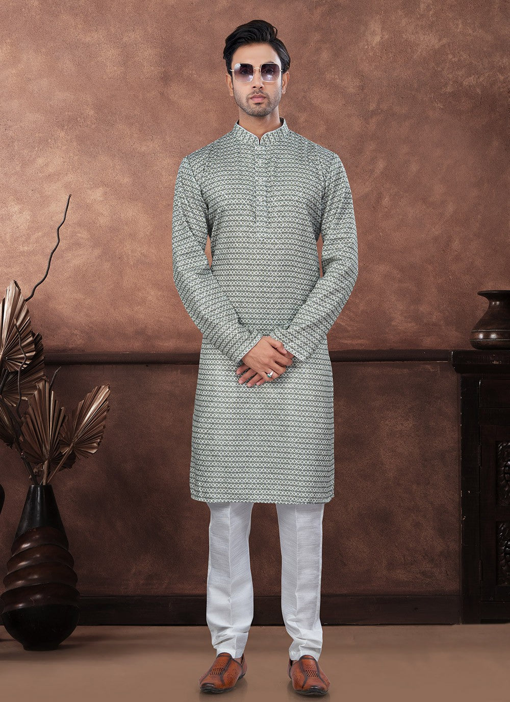 Digital Print Jacquard Green Kurta Pyjama - M8693