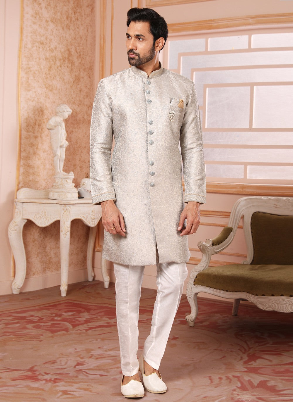 Embroidered Jacquard Grey Indo Western - M4414