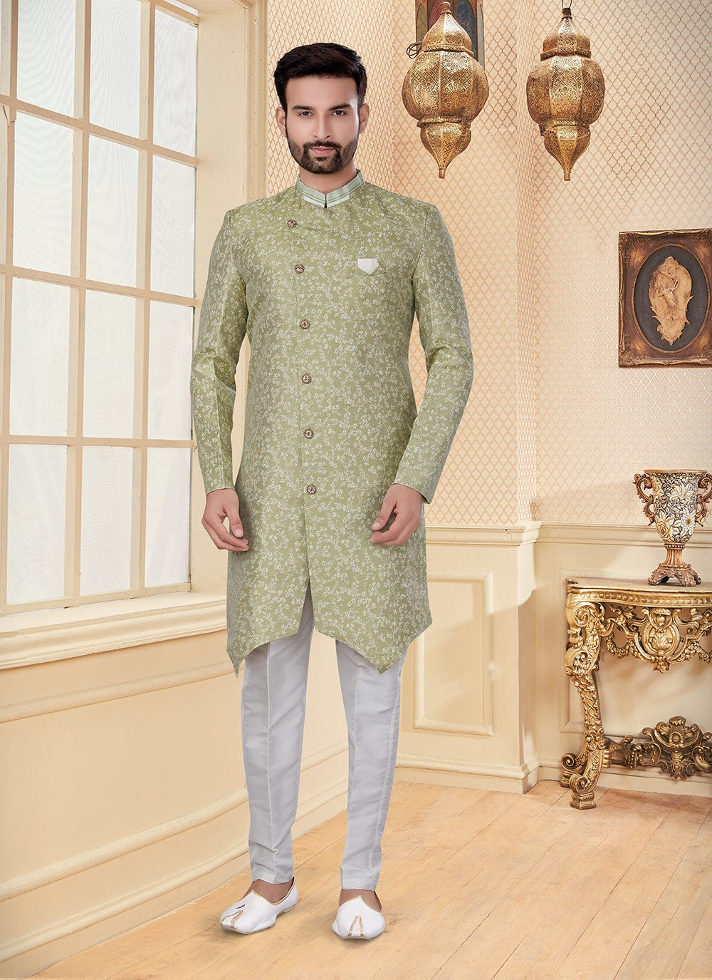 Embroidered Jacquard Green Indo Western - M2958