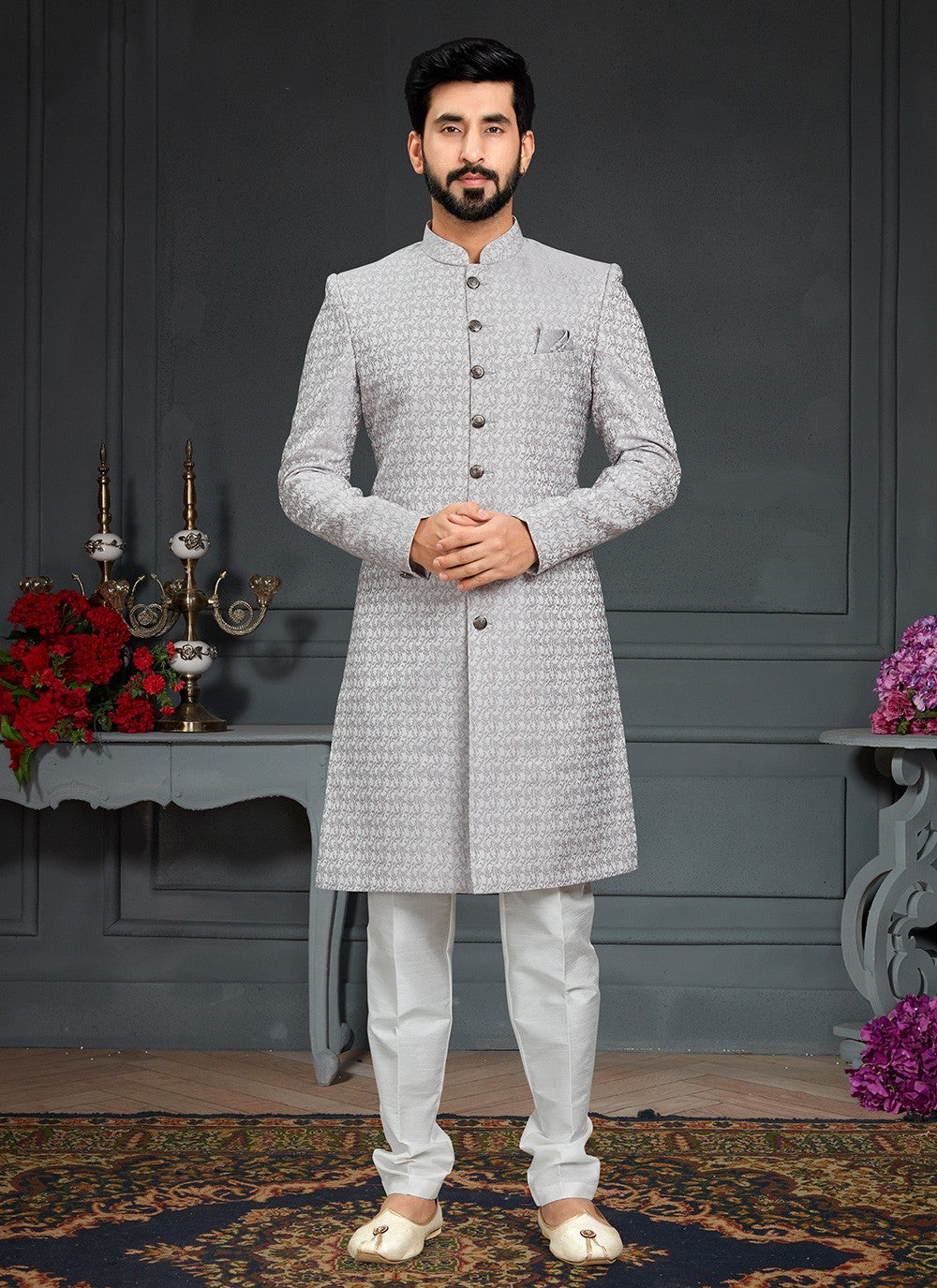 Embroidered Imported, Jacquard Grey Indo Western - M3441