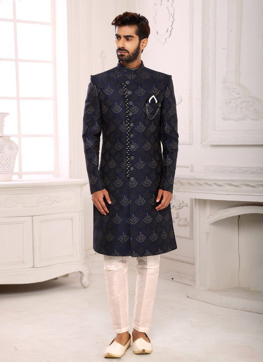 Embroidered Imported, Jacquard Navy Blue Indo Western - M3790