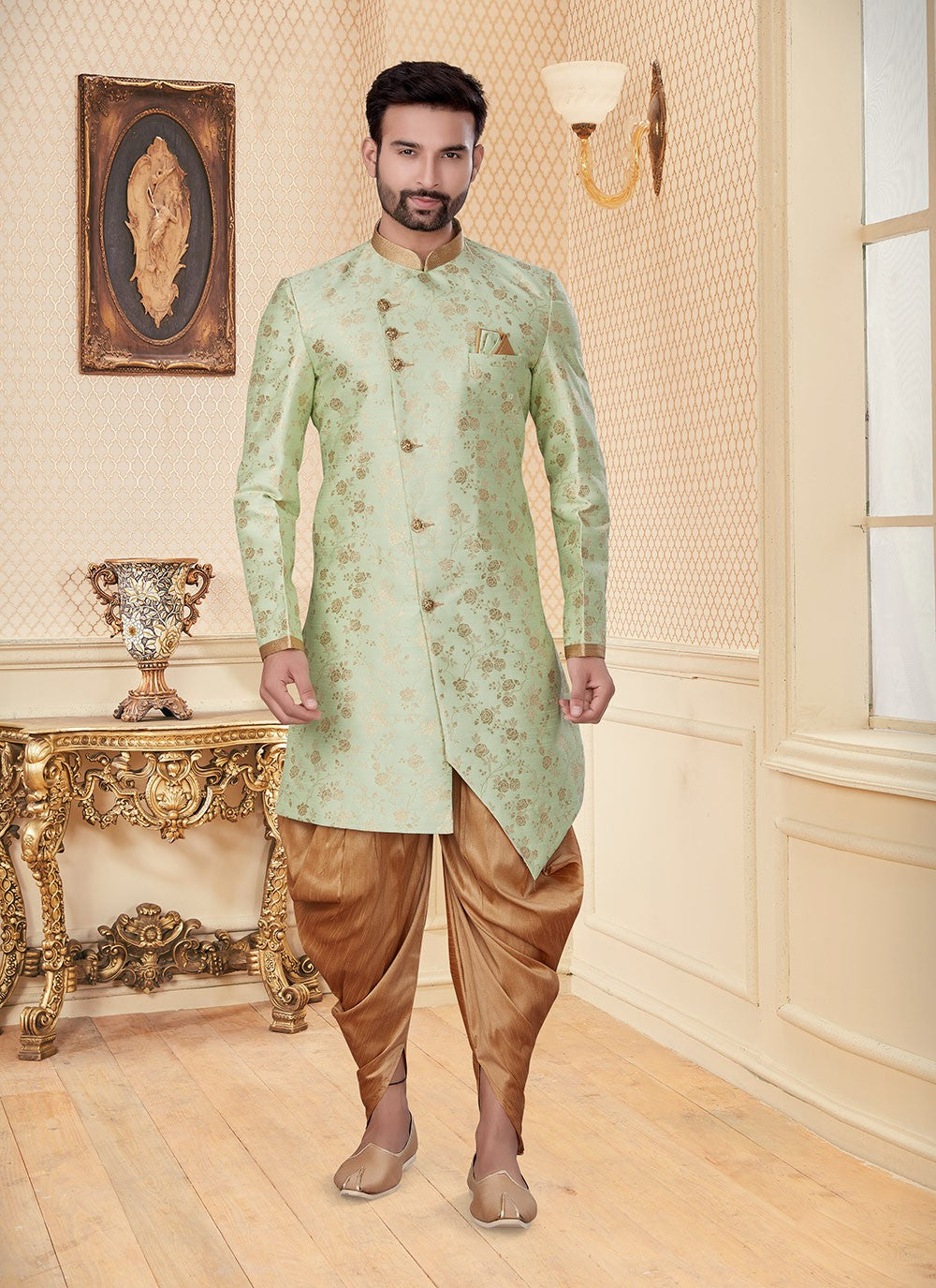 Embroidered Jacquard Sea Green Indo Western - M2957