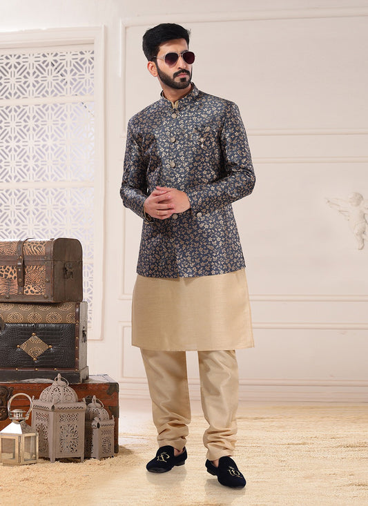 Embroidered Jacquard Blue Indo Western Sherwani - M4681