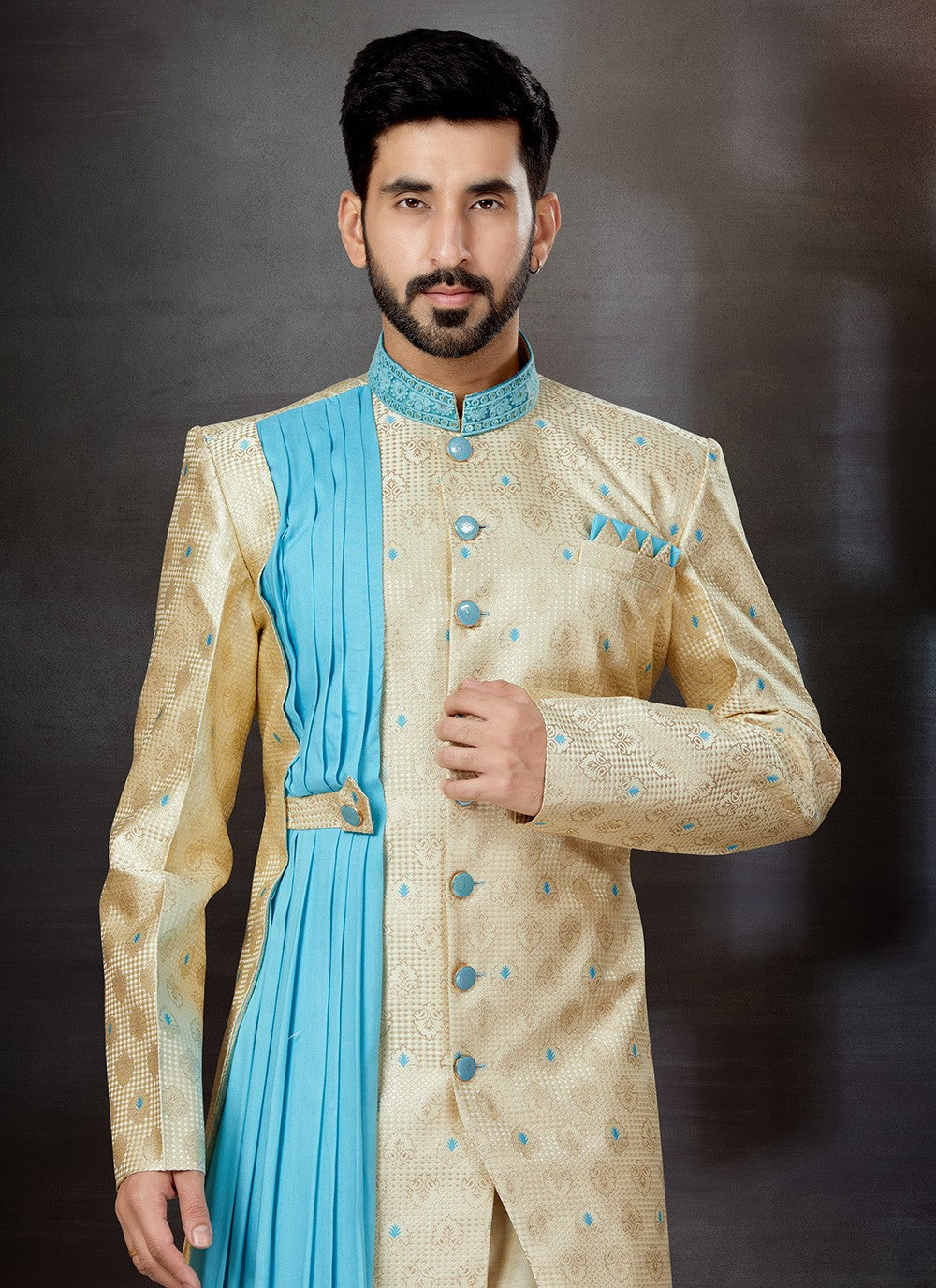 Embroidered Jacquard Cream Indo Western Sherwani - M4792