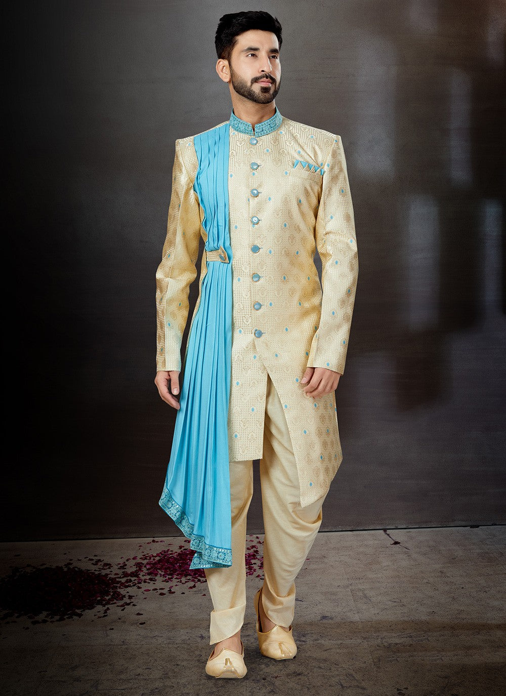 Embroidered Jacquard Cream Indo Western Sherwani - M4792