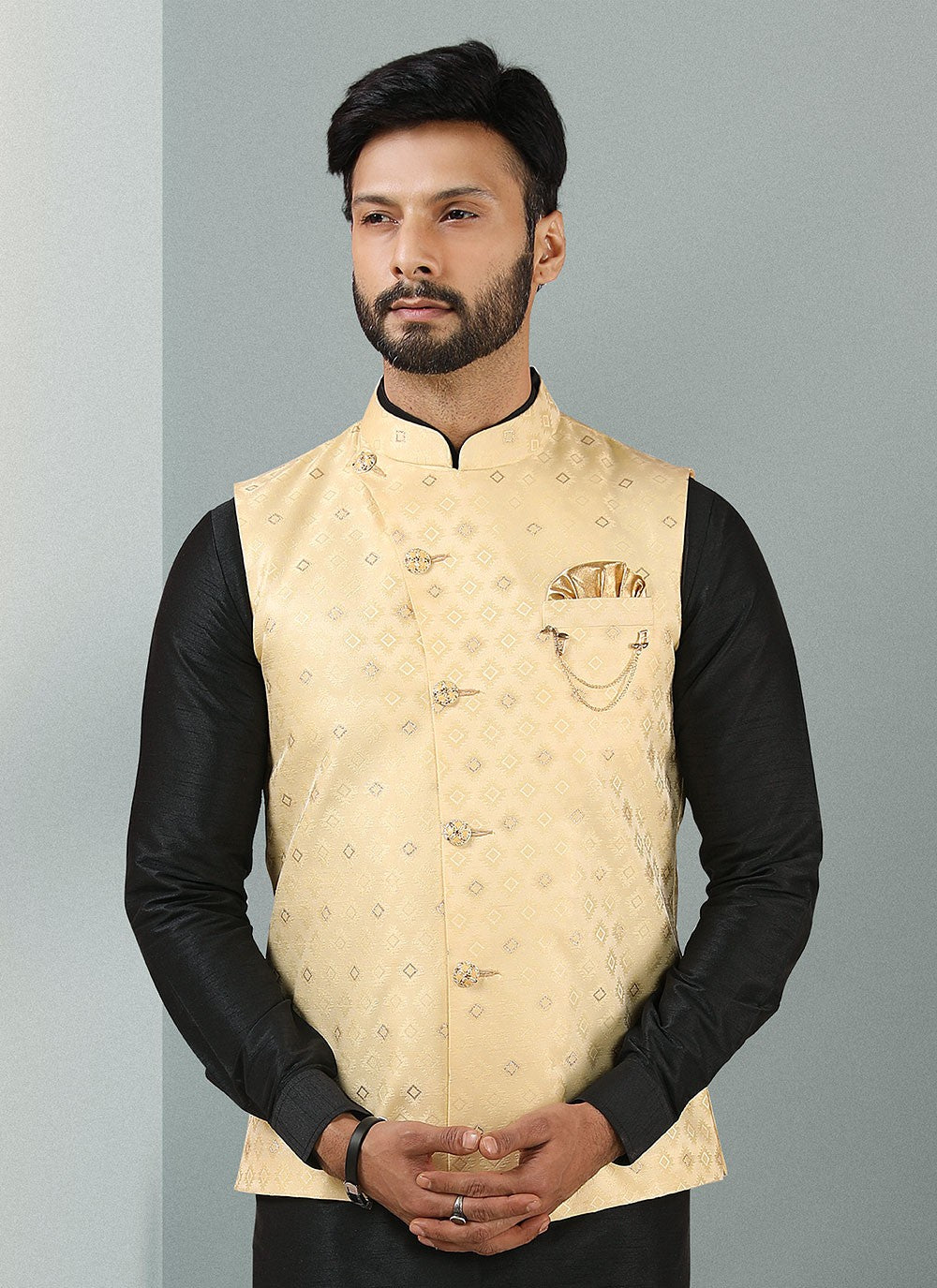 Embroidered Banarasi Silk, Jacquard Black, Cream Kurta Payjama With Jacket - M3131