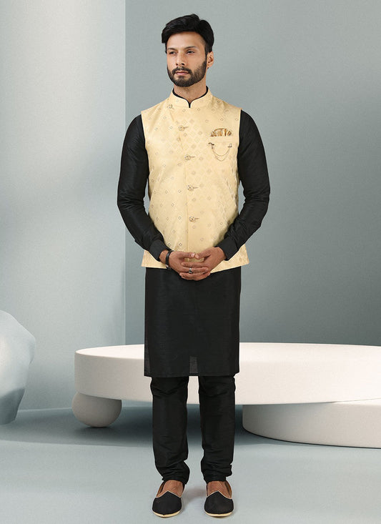 Embroidered Banarasi Silk, Jacquard Black, Cream Kurta Payjama With Jacket - M3131