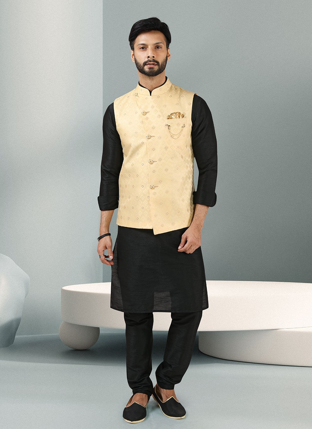 Embroidered Banarasi Silk, Jacquard Black, Cream Kurta Payjama With Jacket - M3131