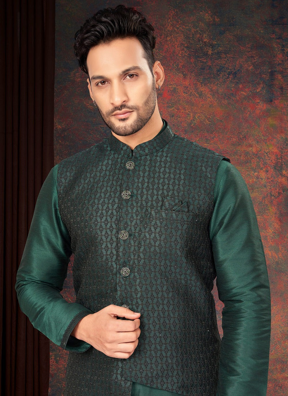 Embroidered Jacquard Green Kurta Payjama With Jacket - M7189