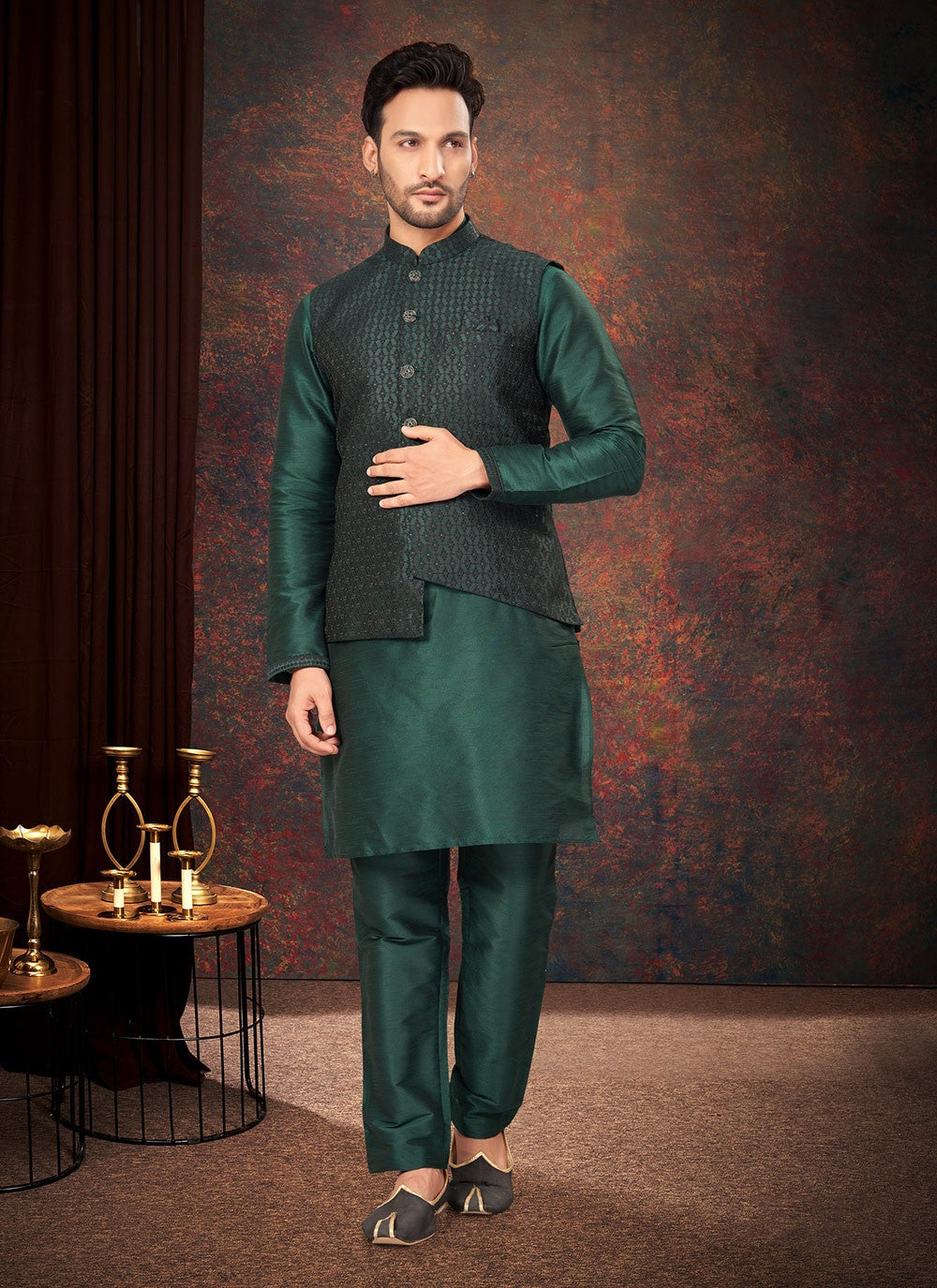 Embroidered Jacquard Green Kurta Payjama With Jacket - M7189