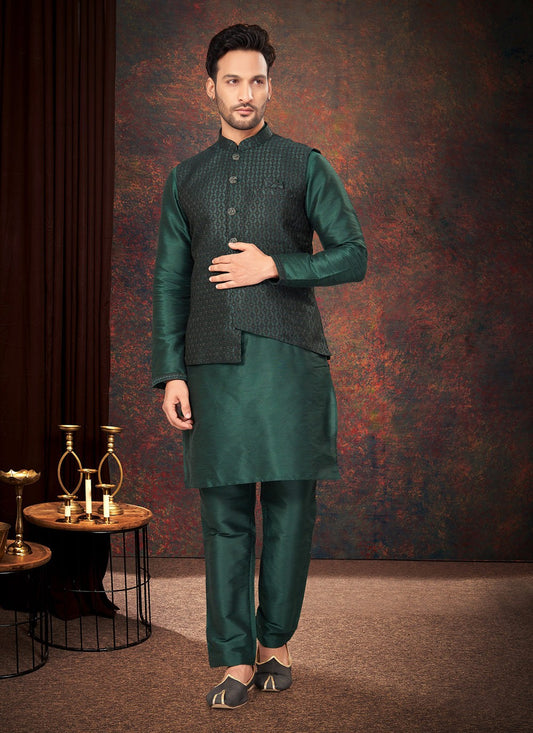 Embroidered Jacquard Green Kurta Payjama With Jacket - M7189