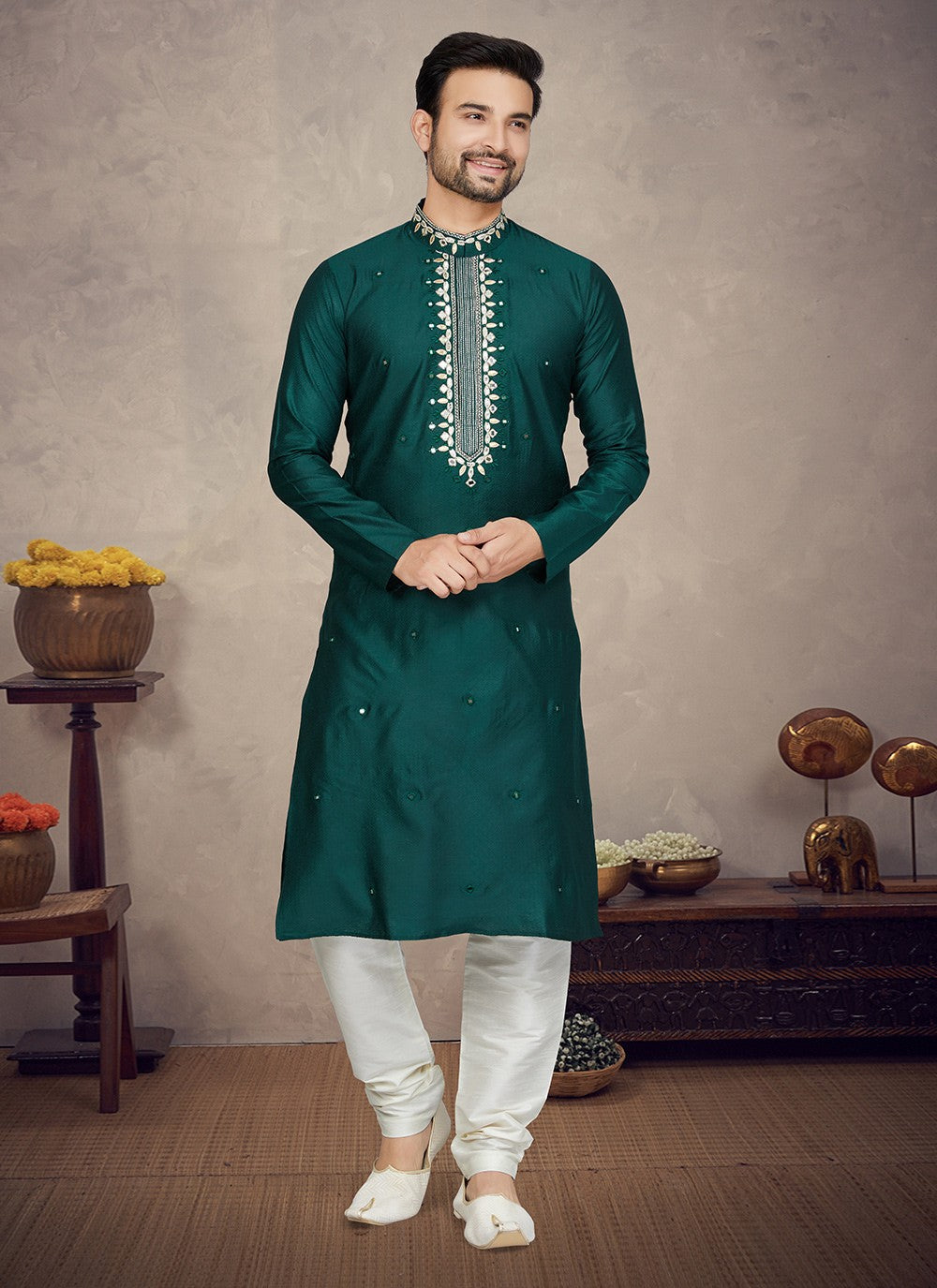 Embroidered Jacquard Green Kurta Pyjama - M5879