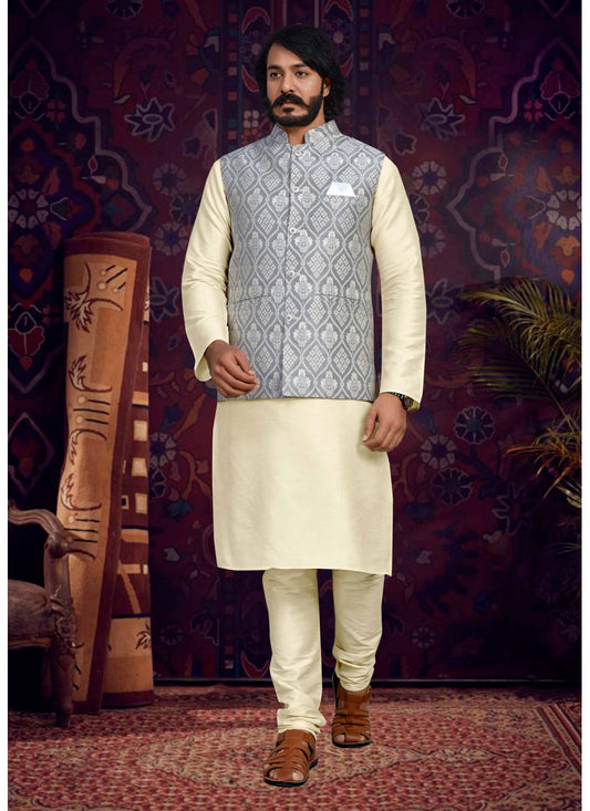 Fancy Work Art Silk, Jacquard Cream, Grey Kurta Payjama With Jacket - M4014