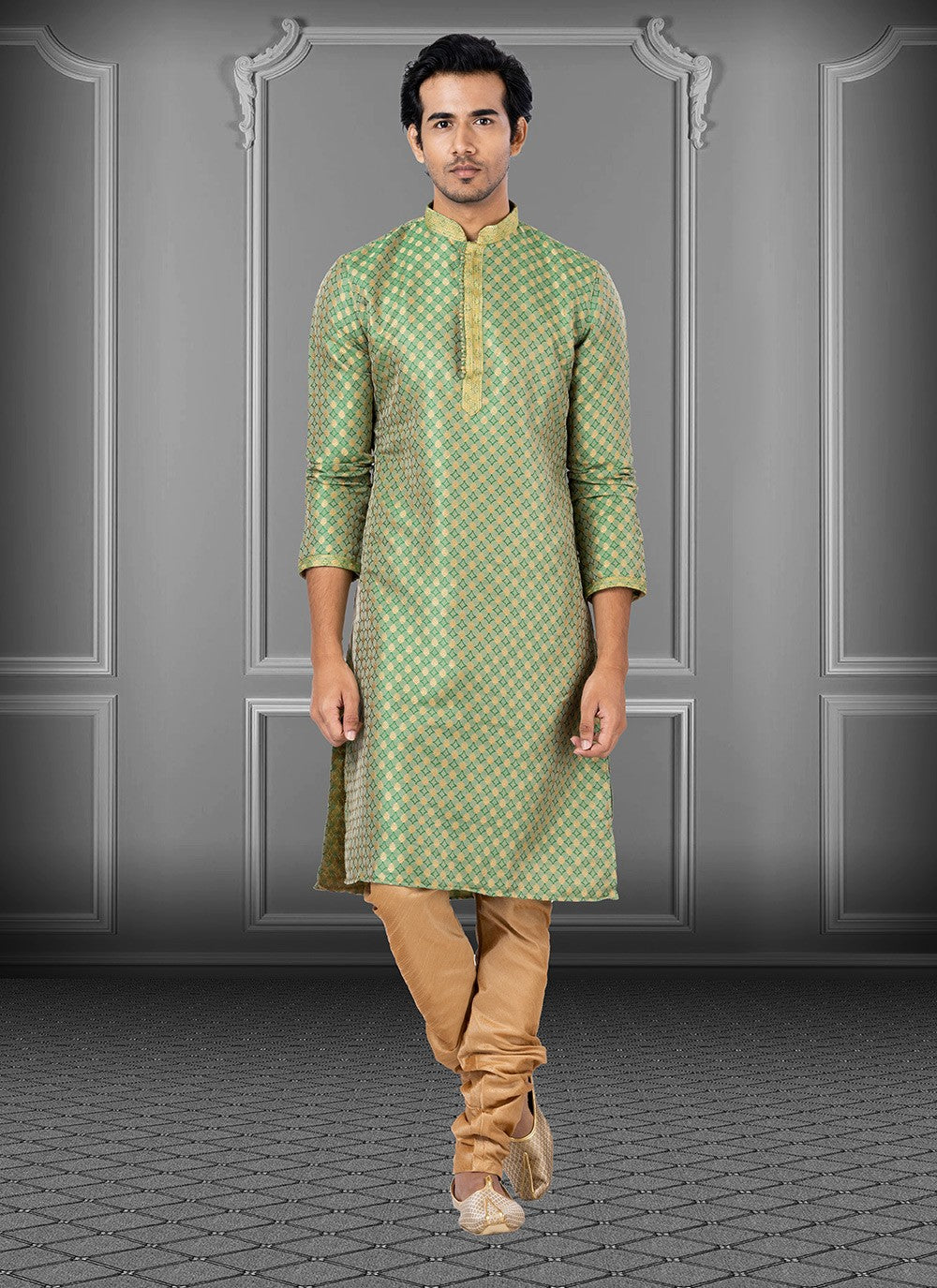 Fancy Work Jacquard Green Kurta Pyjama - M3664