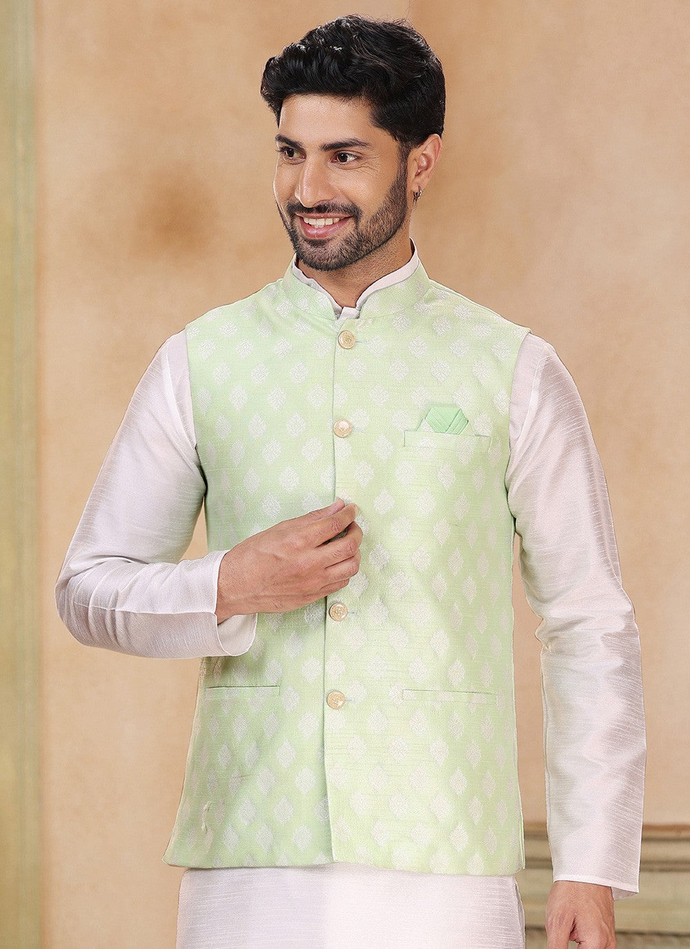 Fancy Work Banarasi Silk, Jacquard Green, Off White Kurta Payjama With Jacket - M5359