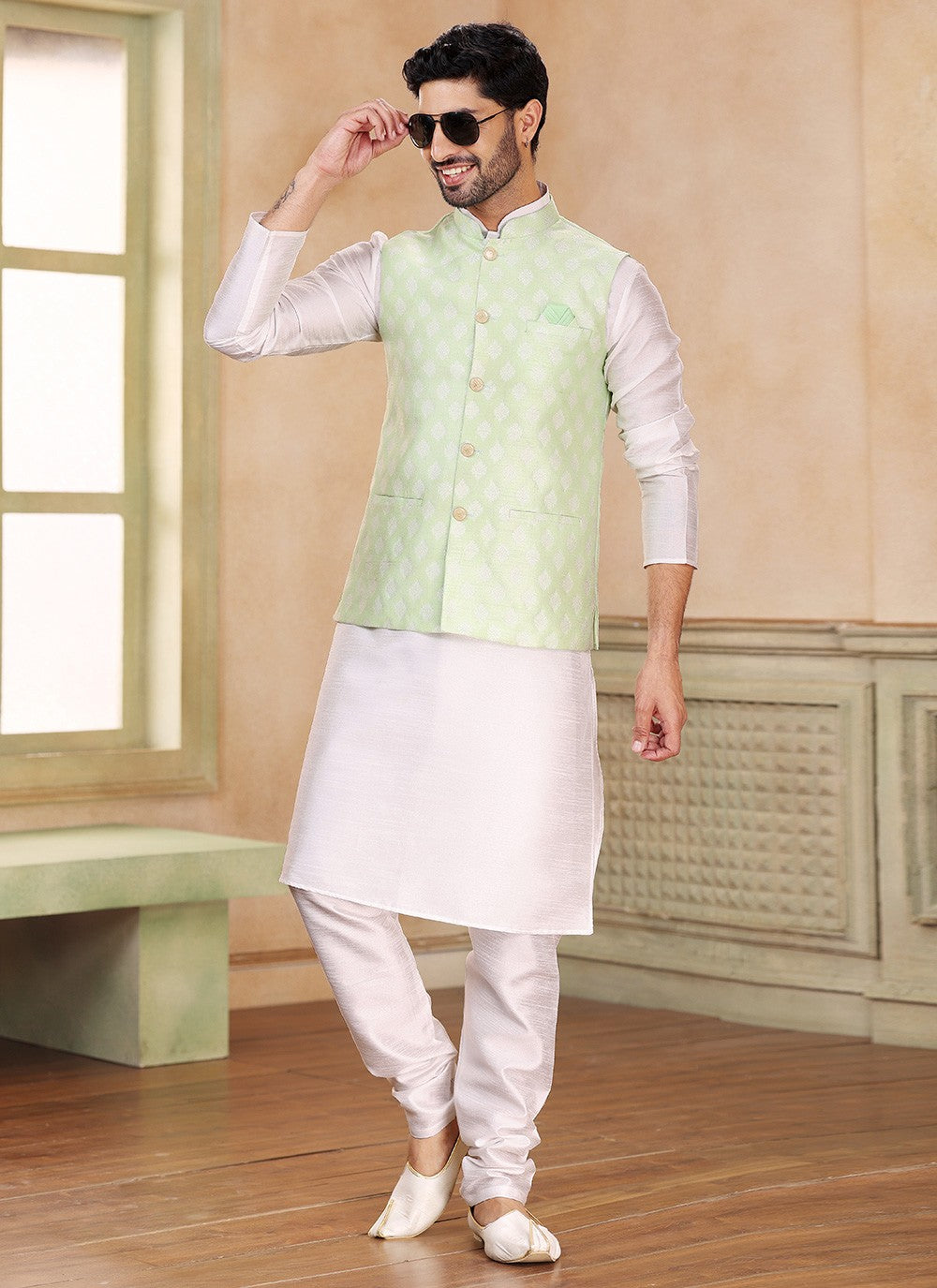 Fancy Work Banarasi Silk, Jacquard Green, Off White Kurta Payjama With Jacket - M5359